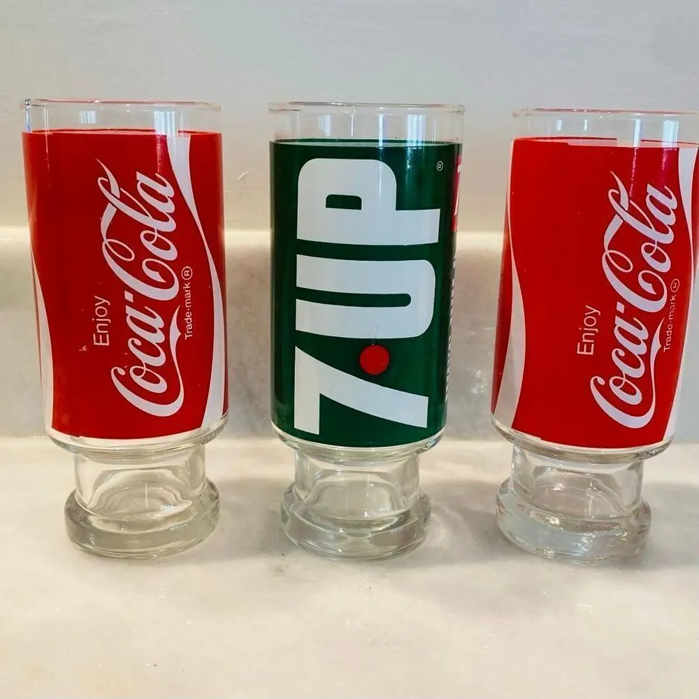 Lot Of 3 Antique Vintage Coca-Cola Coke 7up Soda Glass Tumblers Green Red Sz 7